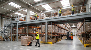 Industrial steel mezzanine overlooking a busy warehouse floor with pallet racking below