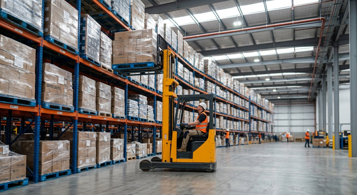 Tall selective pallet racking system in a modern warehouse with reach truck operating