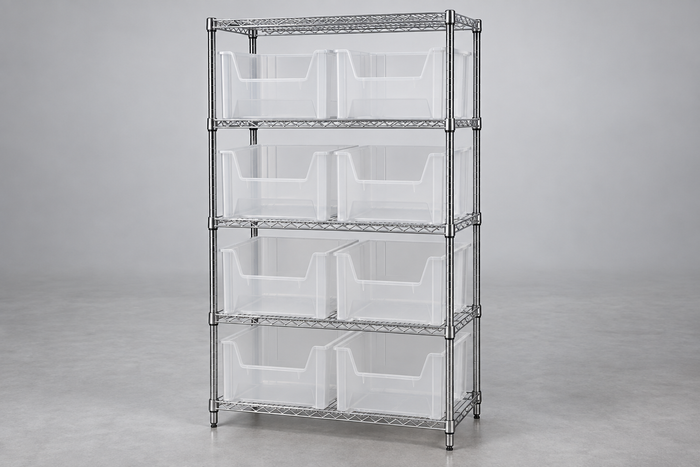 Clear Large Stack Container Wire Shelving System, Complete Package