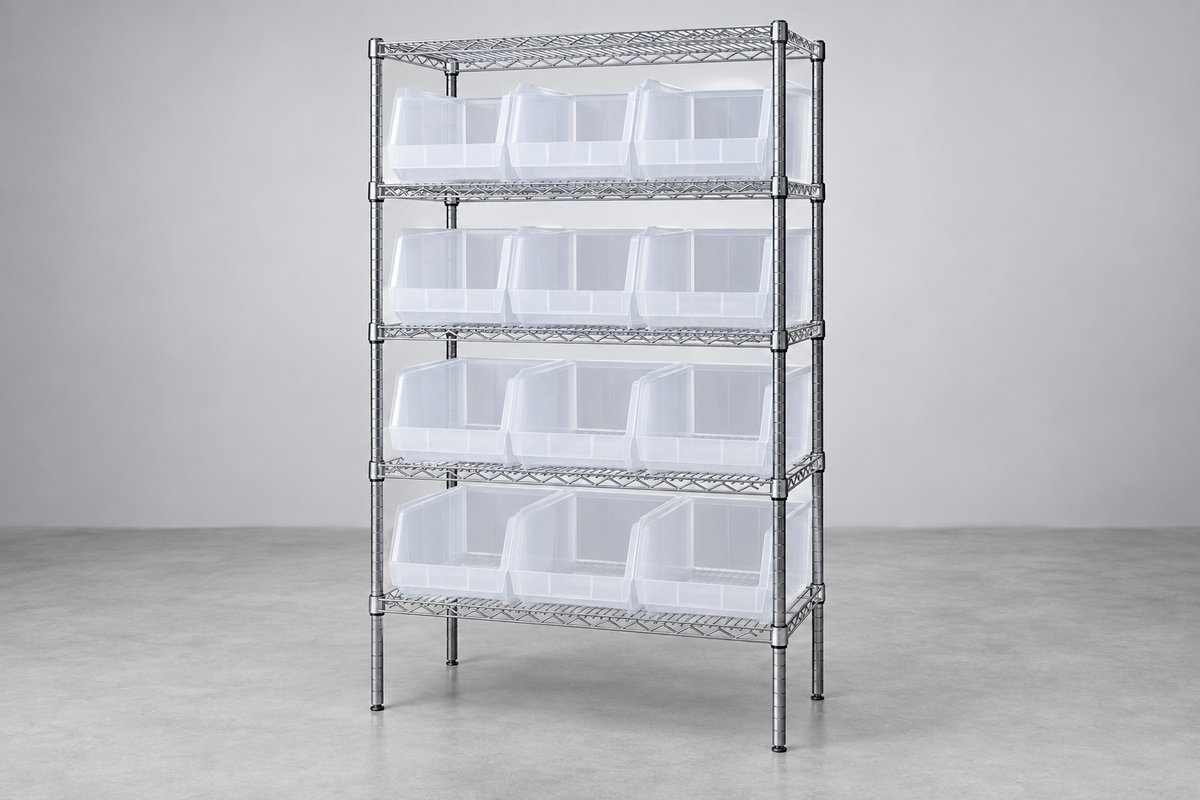 Wire Shelving and Clear Bin System, Complete Package
