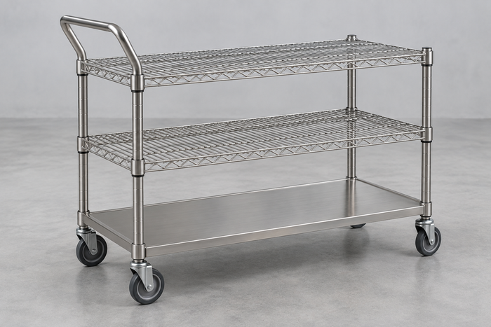 2 Wire and 1 Solid Shelf Utility Cart