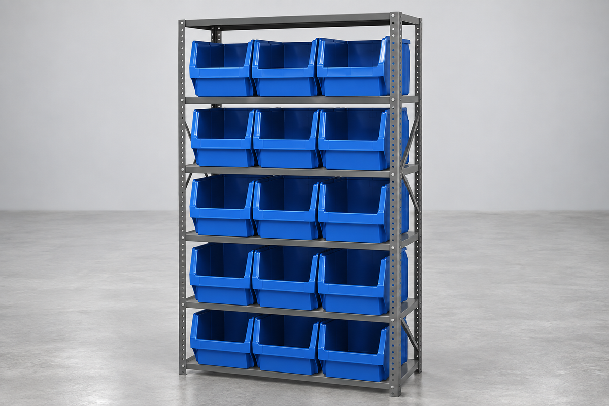Steel Shelving Unit with Oversized Hopper Bins