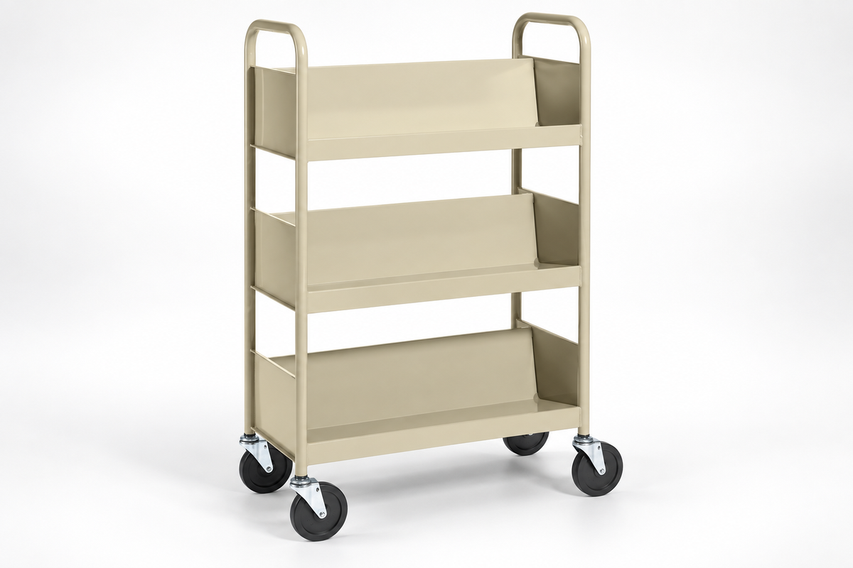 Book Truck with Three Single-Sided Sloping Bookshelves