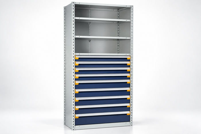 Modular Drawer Shelving Unit 48" x 24" x 7'-3"H With 9 Drawers, With Dividers