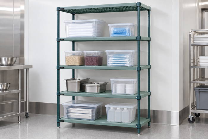 Solid Green Epoxy and Polymer Wire Shelving Unit