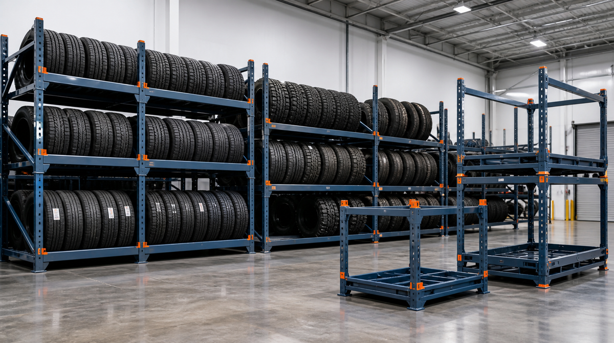 Tire and stacking racks on the same modular frame