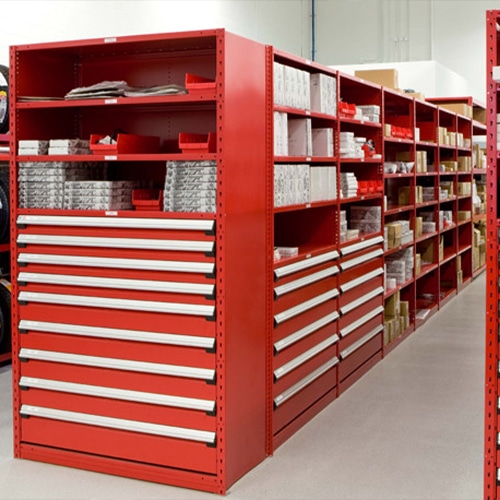 Red automotive material handling solutions in a room