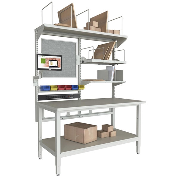 Customized technical workstation with corrugated shelf gallery