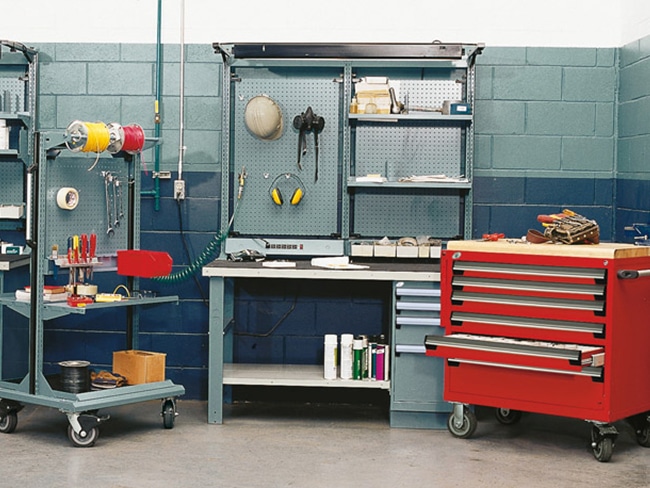 Efficient red garage storage system workstations